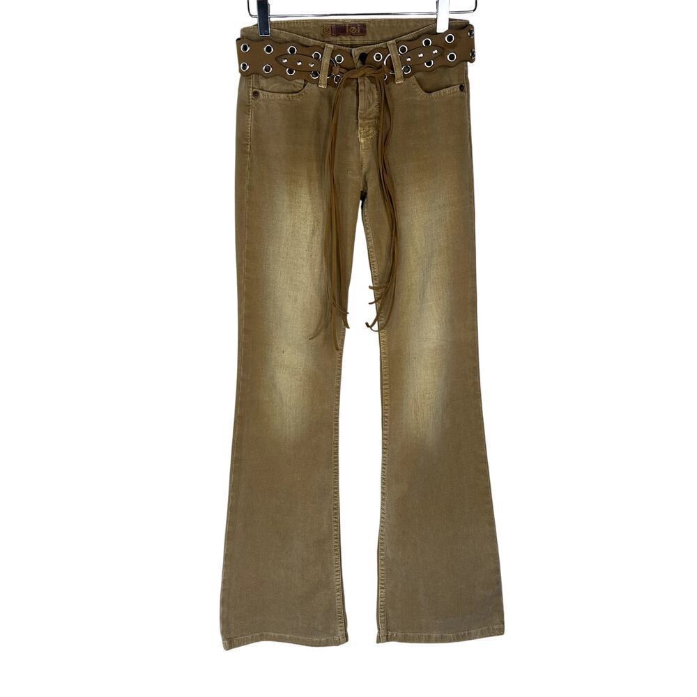 Vintage Lei Flare Khaki Jeans Bootcut Faded Mid Rise Belted 90s Y2k 27